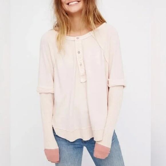 Free People Jaxon Henley Top Womens XS Pink Linen Cotton Oversized Slouchy *FLAW - Picture 1 of 11